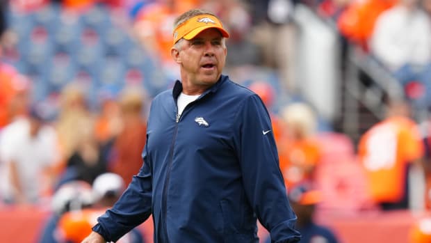 Denver Broncos head coach Sean Payton before the game against the Las Vegas Raiders at Empower Field at Mile High.